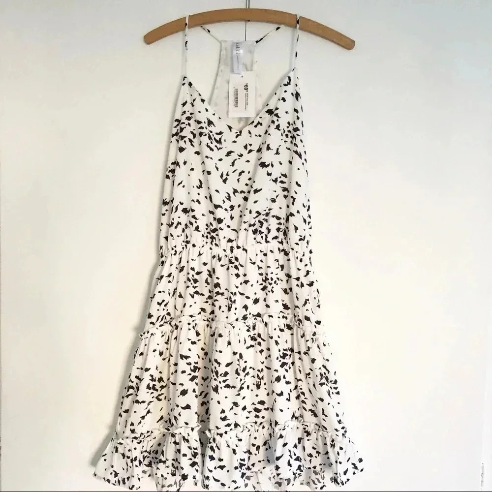 Kalihi Ivory Charcoal Printed Cami Ruffle Dress
